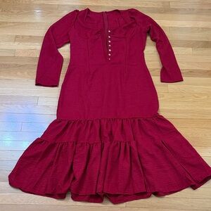 Red Tiered Ruffle Midi Dress | Long Sleeve Boho Cottagecore Dress 1X